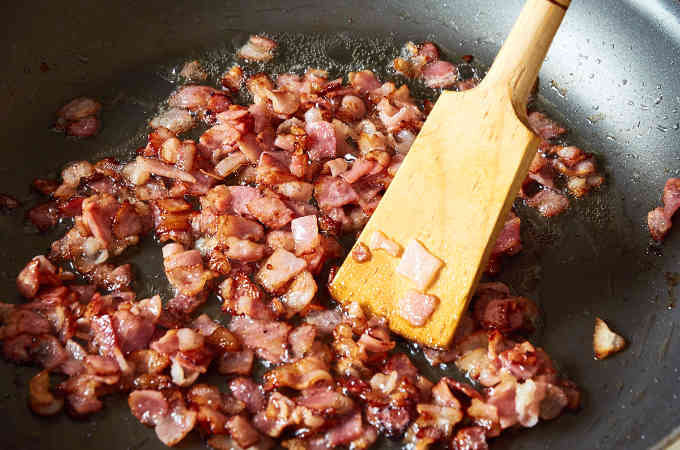 Step by step instructions on How to Make BBQ Baked Beans: Cook the dice Bacon