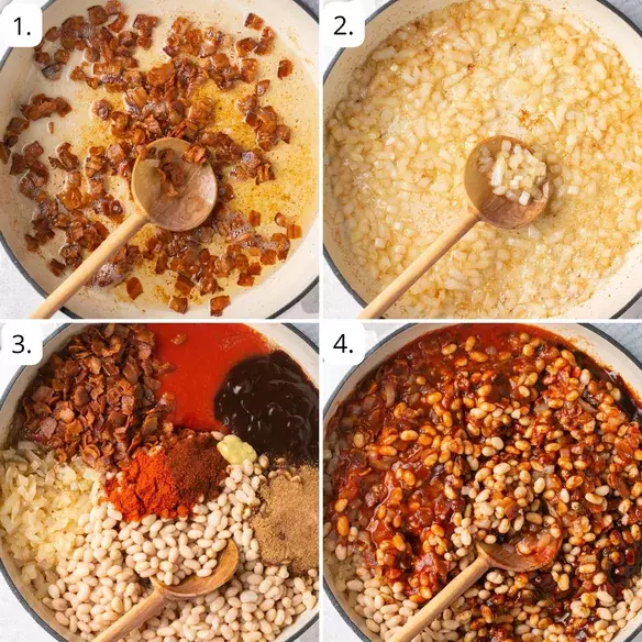 Step by step instructions on How to Make BBQ Baked Beans: mixing and combining 