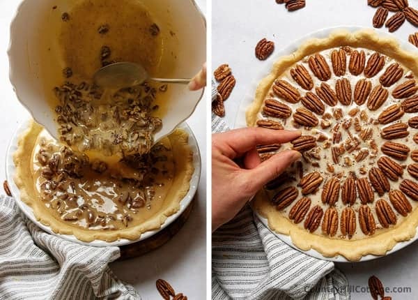 Assembling the Smoked Pecan Pie with Bourbon Sauce